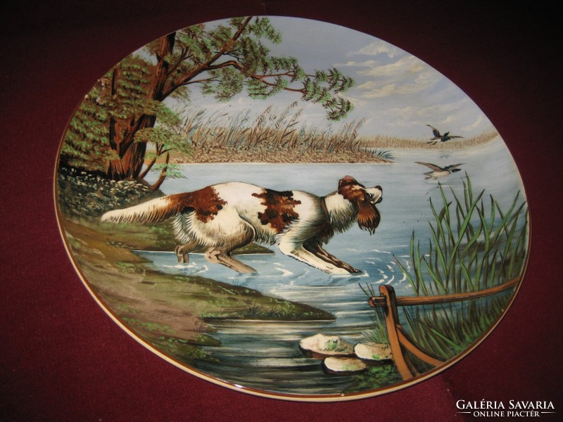 Large hunting scene, 40 cm, wall plate, with beautiful colors, marked and many shapes