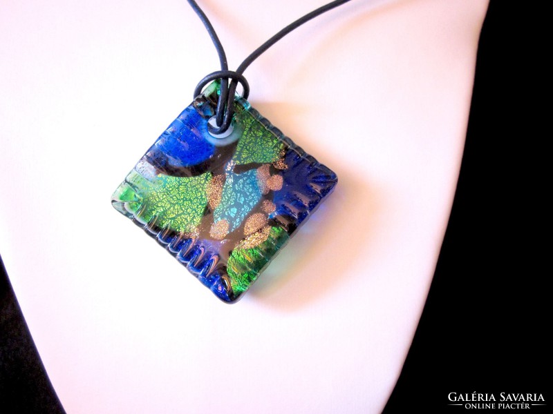 Glass pendant painted blue green gold color