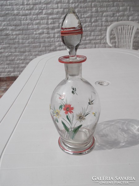 Old hand-painted drinking bottle with glass stopper for sale!