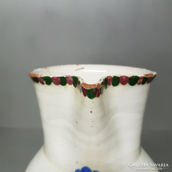 Hódmezővásárhely, colorful flower pattern, white glazed folk ceramic jug (683)