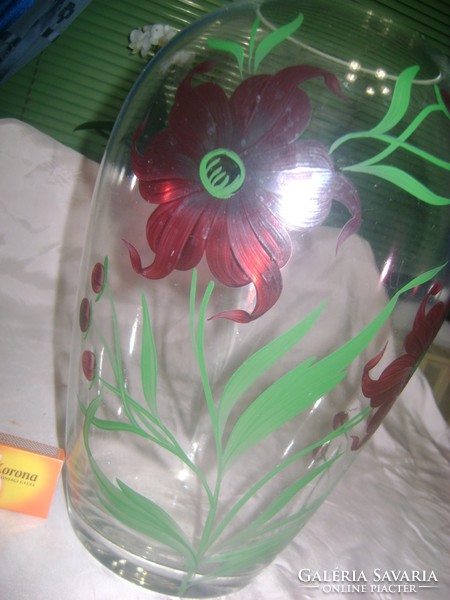 Régi, kézzel festett virágos üveg váza - 30 cm