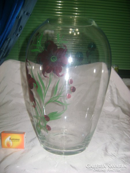Régi, kézzel festett virágos üveg váza - 30 cm