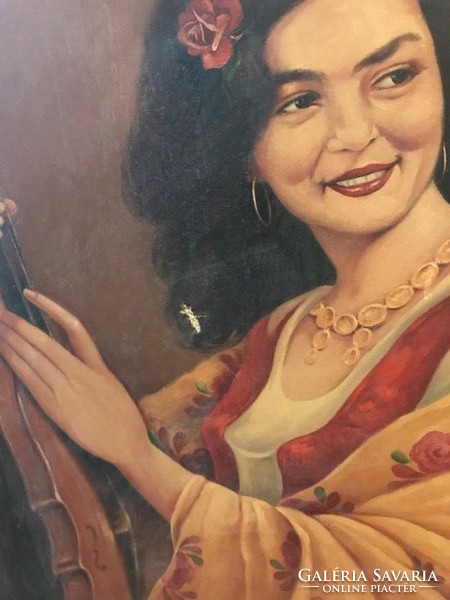 Olaj-vászon festmény: Lány hegedűvel, Bakonyi Piros József festőművésztől