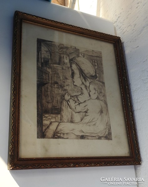Rare etching - mother with child - unknown creator