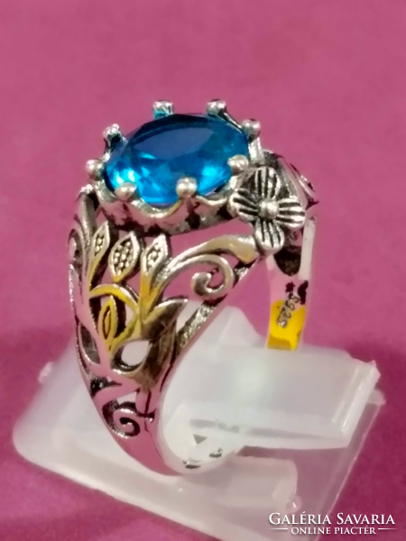 925-S silver-plated, openwork flower motif ring, with blue crystal