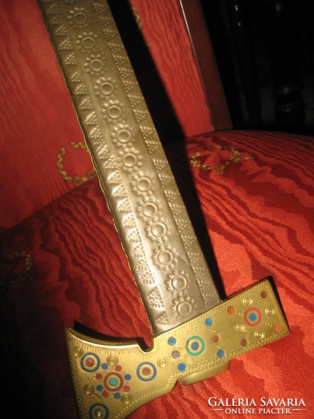 Hucul stokos, or walking stick, made of copper, decorated with beautiful handwork, with colorful inlays 90 cm