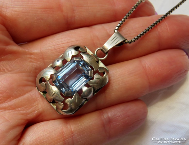 Beautiful old handmade silver pendant with an aquamarine stone on a silver chain
