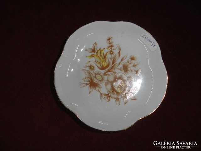 Hollóházi porcelán kerek ékszertartó tálka, barna virágmintás, átmérője 13 cm. Vanneki!