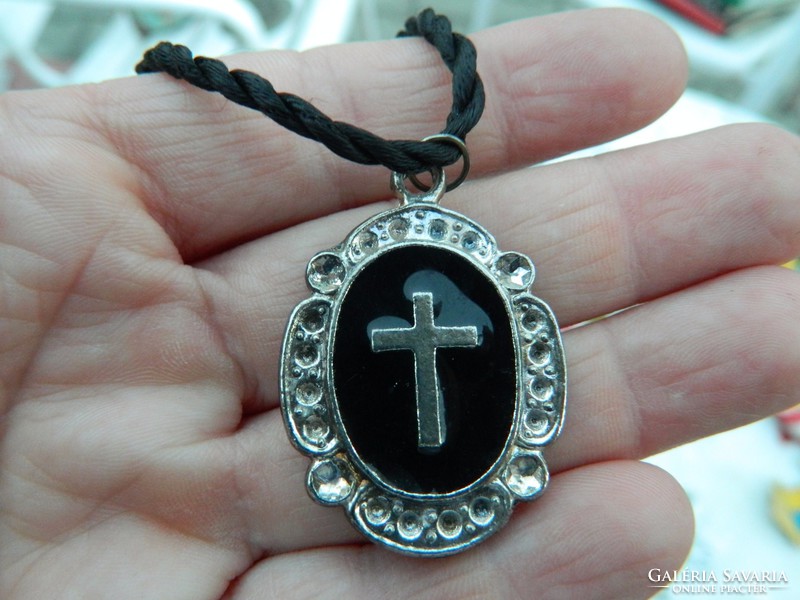 Cross pendant, necklace with fire enamel background