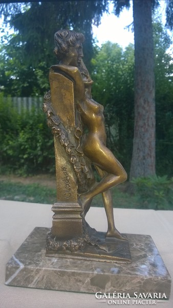 Spring female nude bronze statue on marble base