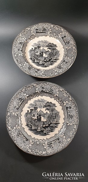 Antik angol tányér szett 2db Kannreuther & Co. 19th Century Brown Transferware Plate Birmingham