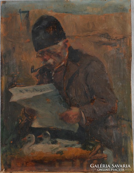 Attributed to Jena Kasznár ring (1875-1945): newspaper-reading peasant