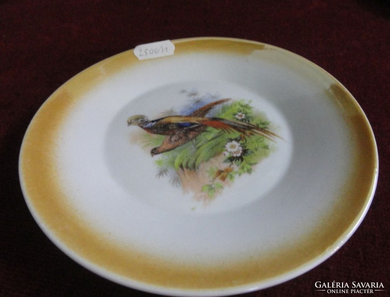 Zsolnay porcelain cake plate with a golden edge and a pheasant motif. Its diameter is 15 cm. Antique. He has!