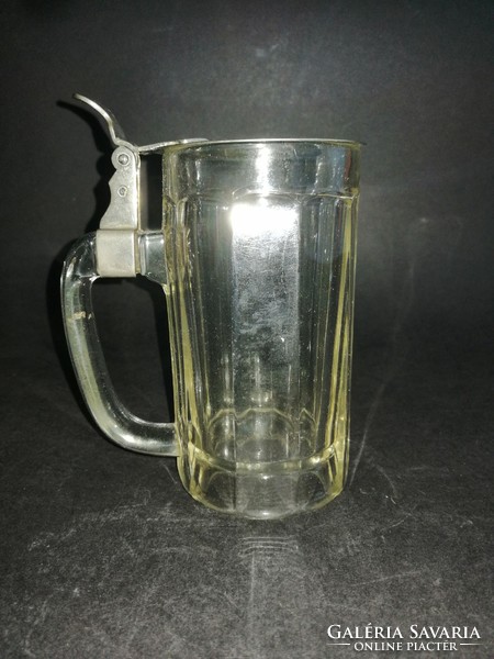 Antique glass jug with engraved (lk kl monogrammed) metal lid - ep