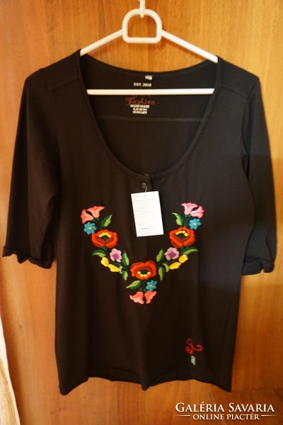 S Kalocsa black women's t-shirt for sale with colorful folk artist hand embroidery.