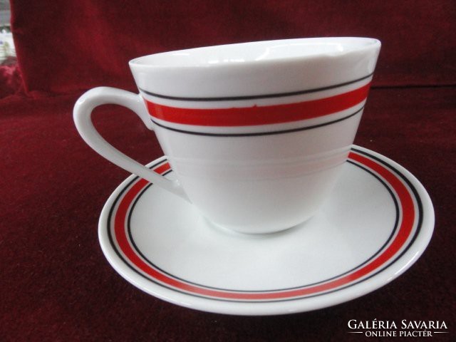 Zsolnay porcelán teáscsésze + alátét, szürke/piros csíkkal. Vanneki!