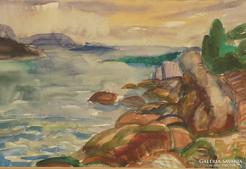 Litkei József (1924-1988) Balaton, Eredeti Keretezett mérete: 75 x 55 cm, akvarell, papír