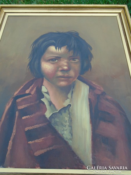 A  számkivetett gyermek  portré, régi jelzett olajfestmény cca 1920 évekből .
