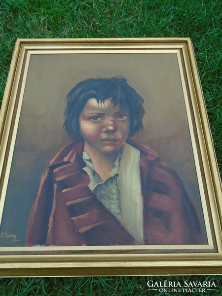 Portrait of an exiled child, old marked oil painting from about 1920s.