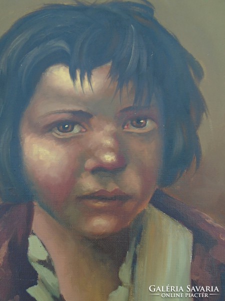 Portrait of an exiled child, old marked oil painting from about 1920s.