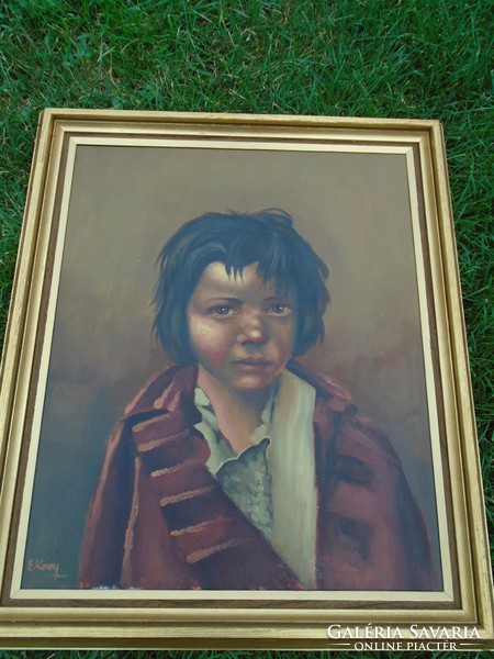 Portrait of an exiled child, old marked oil painting from about 1920s.