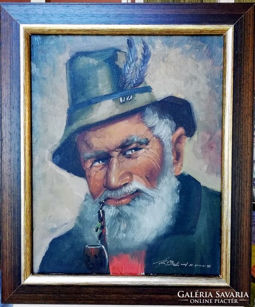 Pipázó, idős vadász portréja, hihetetlen kidolgozással, gyönyörű keretben ( 24 x 30, olaj, jelzett )
