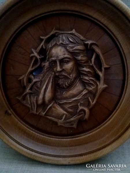 Hand-carved wood openwork embossed bust of Jesus portrait in a round hardwood frame