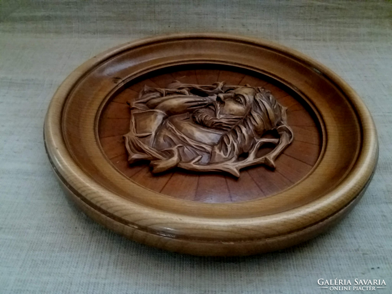 Hand-carved wood openwork embossed bust of Jesus portrait in a round hardwood frame