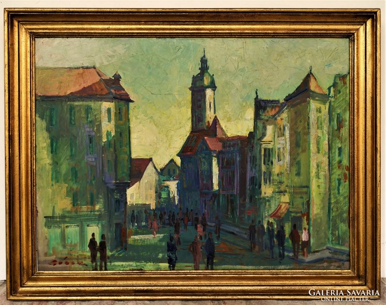 Gádor Emil (1911 - 1998) Pécs ? utcakép c. olajfestménye 90x70cm EREDETI GARANCIÁVAL