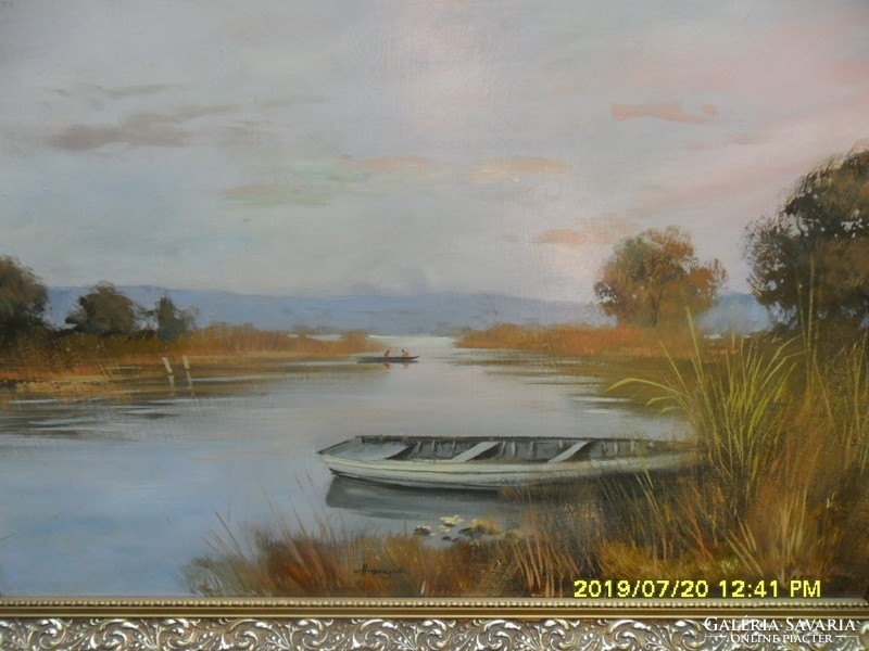 Hornyik Zoltán: Csónak vizparti táj olaj festmény