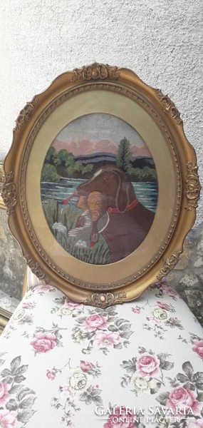 Antique blondel frame with hunter scene tapestry