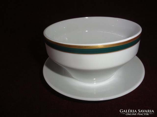 Mz Czechoslovak porcelain sauce bowl with placemat. Snow white base green / gold border. He has