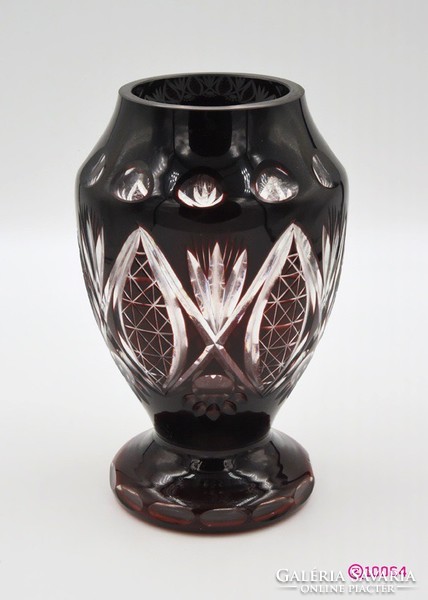 Old, peeled, crystal vase painted with copper-ruby stain.