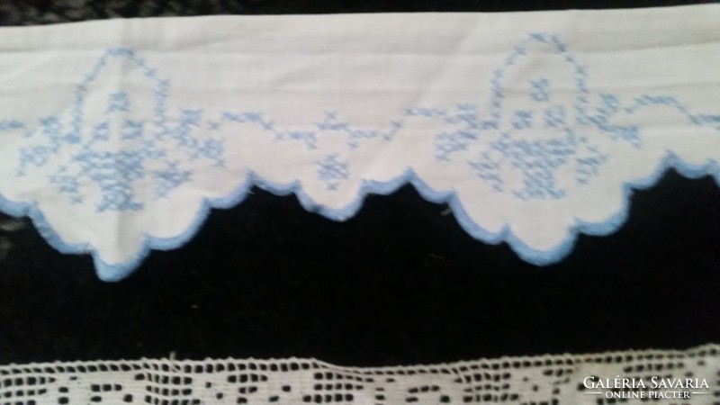 Antique crochet shelf strip for sale! Blue embroidered shelf strip