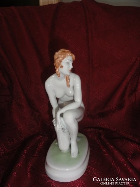 Zsolnay porcelain nude sculpture, antique shield seal, kneeling, bathing woman. He has!