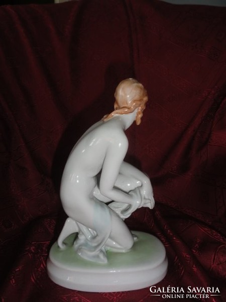 Zsolnay porcelain nude sculpture, antique shield seal, kneeling, bathing woman. He has!