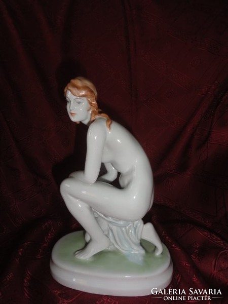 Zsolnay porcelain nude sculpture, antique shield seal, kneeling, bathing woman. He has!