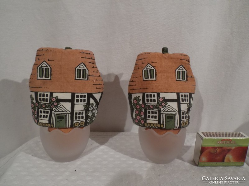 Egg glass - 2 pcs - thick milk glass - 6 x 4 cm + 2 egg caps 8 x 8 cm - English