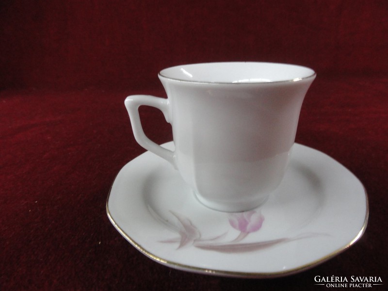 Liling porcelain coffee cup + coaster. With gold border, pale purple flower. He has!