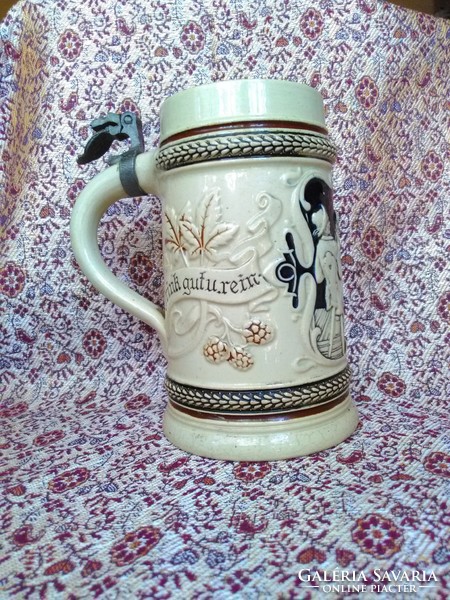 Antik, szecessziós, fél literes westerwaldi kőkerámia söröskorsó 1900-ból
