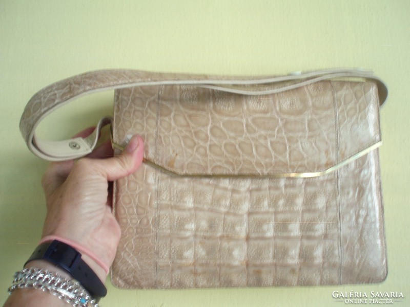 Beige, vintage crocodile leather handbag, shoulder bag