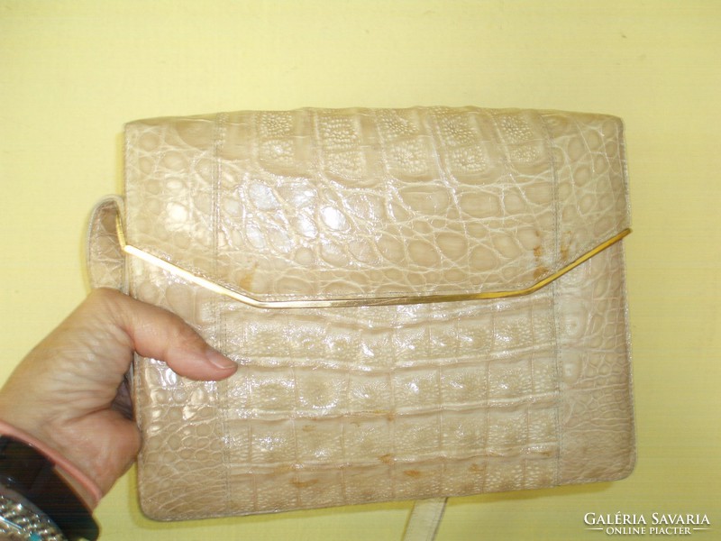 Beige, vintage crocodile leather handbag, shoulder bag
