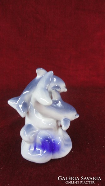 Porcelán delfin figurális szobor, szürkéskék színű, két delfinnel. Vanneki!