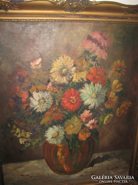 Virág csendélet  szignóval , olaj- vászon , 50 x 60 és  kerettel 62 x 72 cm