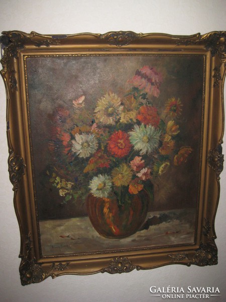Floral still life with signature, oil on canvas, 50 x 60 and frame 62 x 72 cm
