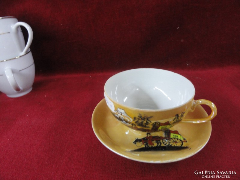 Japanese eggshell porcelain, teacup + coaster. Carriage with a scene in the middle. He has!