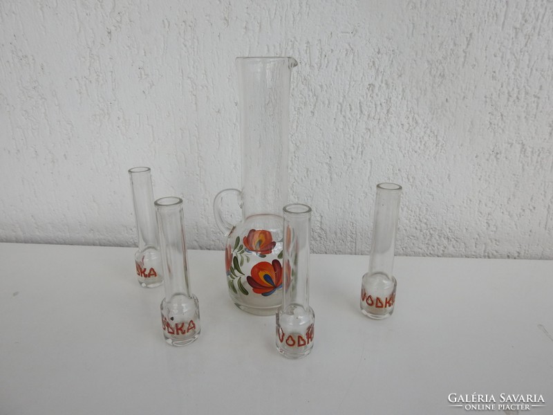 Blown and hand-painted Kalocsa patterned bottles with cups