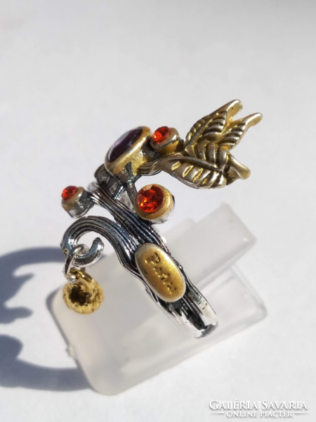 925-s ezüsttel töltött (SF) gyűrű,  ametiszt és karneol kristályokkal