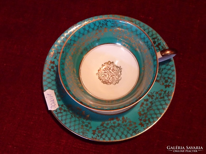 ALKA Bavaria német porcelán. Antik teáscsésze + alátét. Zöld szegéllyel, aranyozott széllel. Vanneki