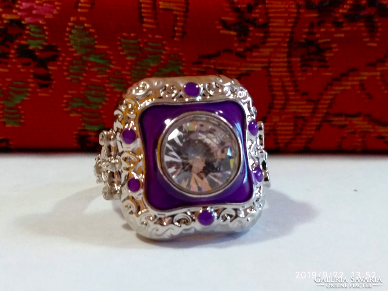 Vintage 925-s töltött ezüst (SF) gyűrű, fehér CZ kristállyal és lila tűzzománccal